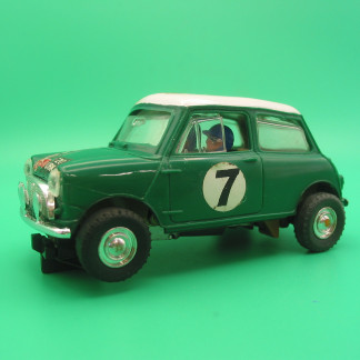 VINTAGE TRIANG SCALEXTRIC c7 Mini Cooper green #7 type 2 NO Spot light, larger diameter wheels vg - good working order, all original car vg+