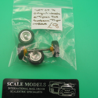 ORIGINAL SCALEXTRIC SPARE SET OF 4 WHEELS AND TYRES FOR SUNBEAM TIGER/TR4A    (REF22)
